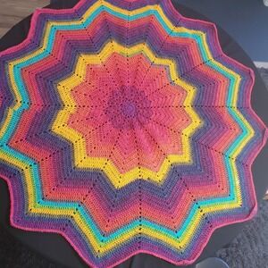 Hand Crochet Rainbow 12 Point Star Baby Blanket 42" Round - Pinks, Purples